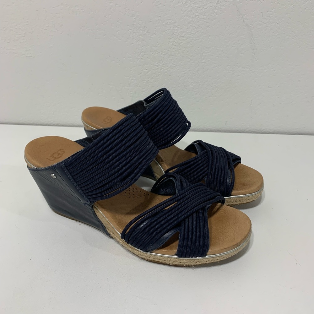 UGG Wedge Sandals Australian Hilarie Navy Blue Leather and elastic straps - 8.5